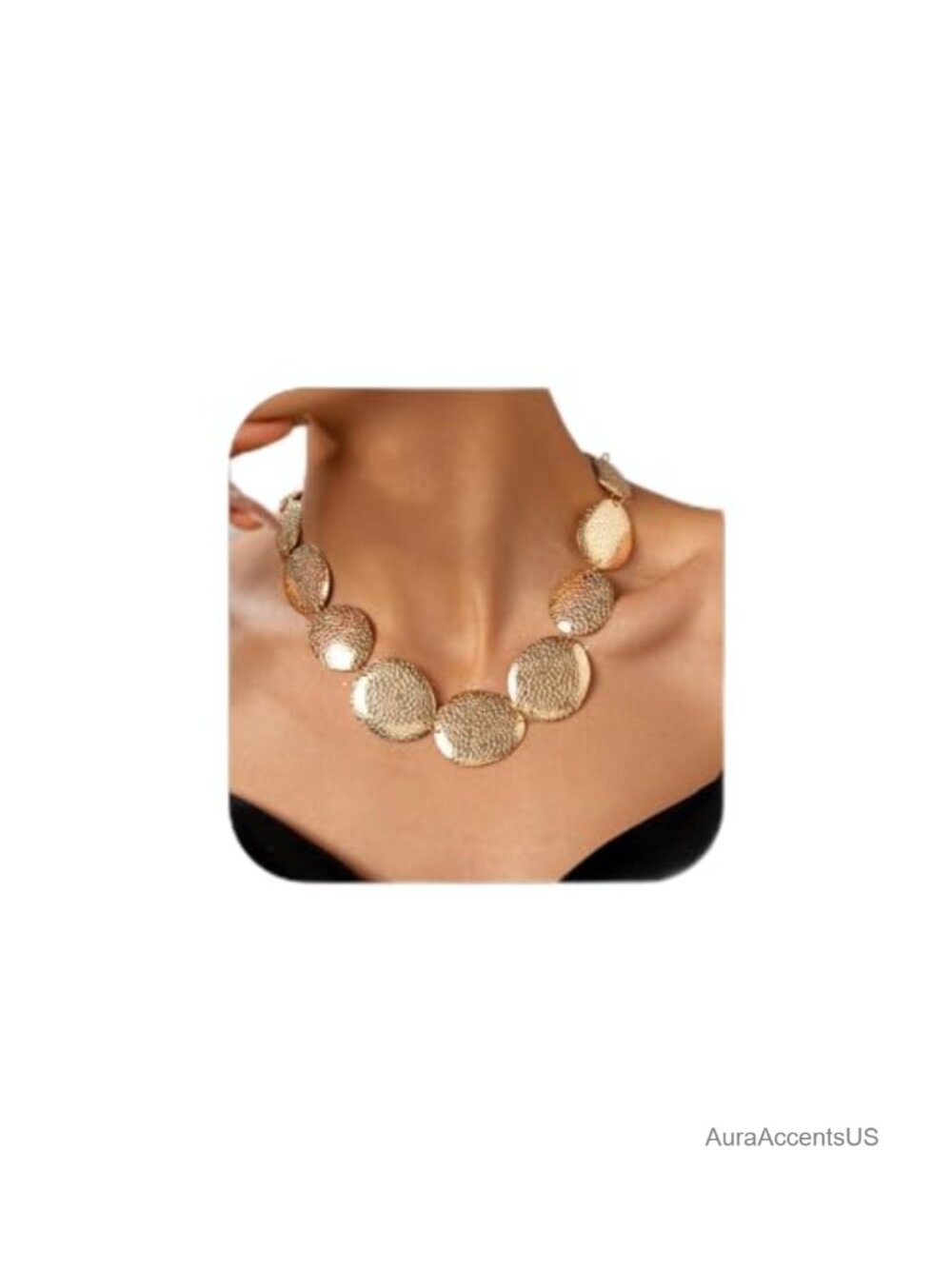 Hammered Textured Disc Layered Chunky Coin Pendant Necklace Women Statement